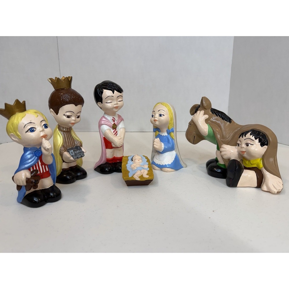 Vintage Gare Children Nativity 6 pc Set Hand Painted Ceramic Christmas